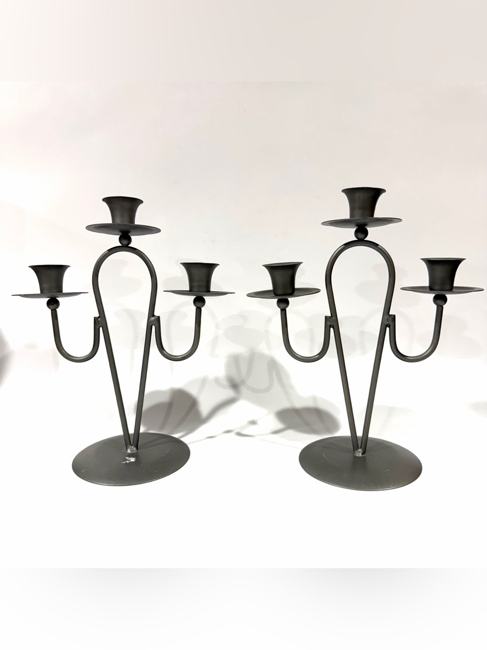 Set of 2 Vintage 90s Dark Gray Silver Metal Whimsigoth 3-Arm Pair Candleholders